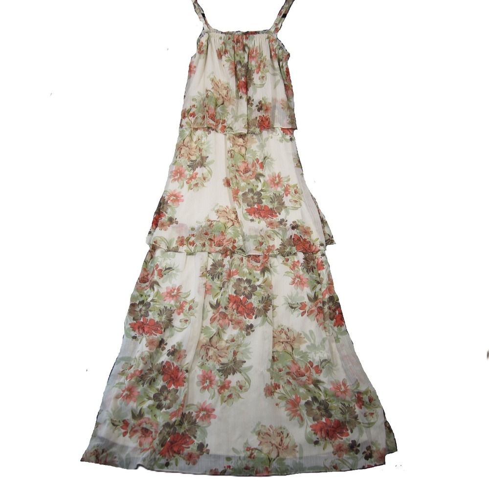 Jessica Howard Tiered Dress 10 Ivory Floral Chiffon Sleeveless Cottagecore Boho‎